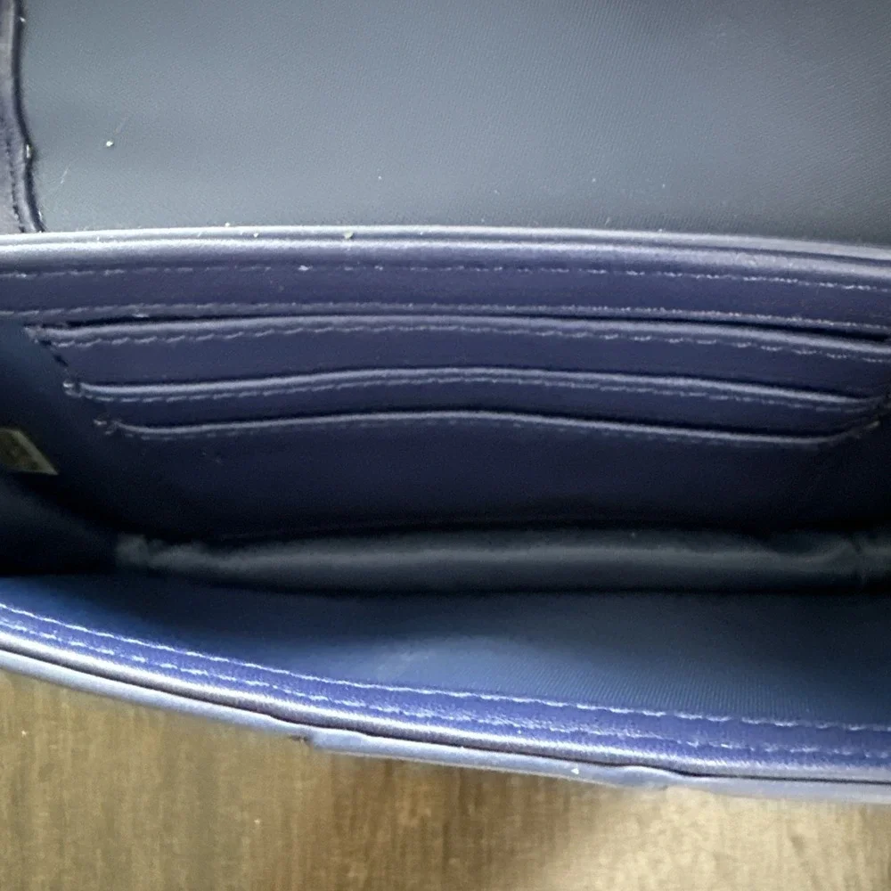 Tory Burch envelope clutch crossbody wallet purse blue leather Gold Chain